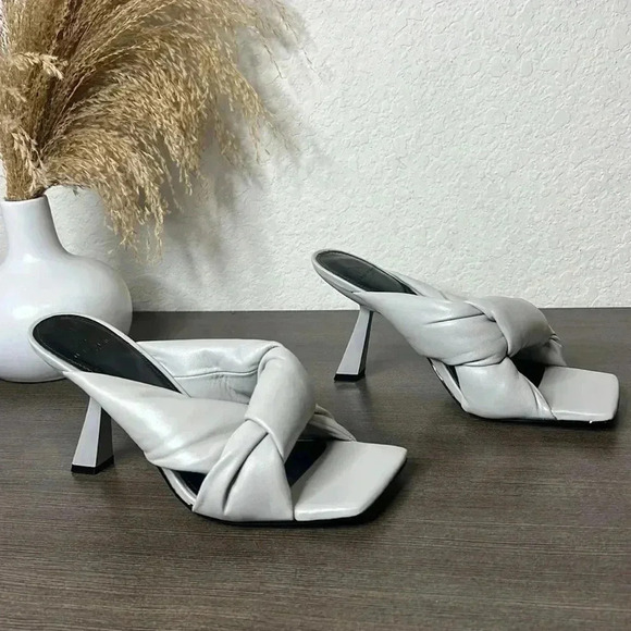 MARC FISHER Gray Knot Comfort Dellian Square Toe Slip On Leather Heeled Sandal - Picture 3 of 12